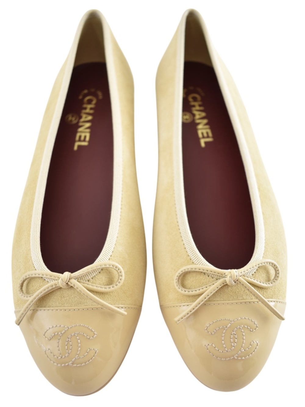 Chanel 26A Beige Suede Patent Leather CC Logo Bow Tie Ballet Ballerina Flat 40
